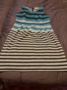 LOFT Blue, Black & Gray Striped Sleeveless Dress